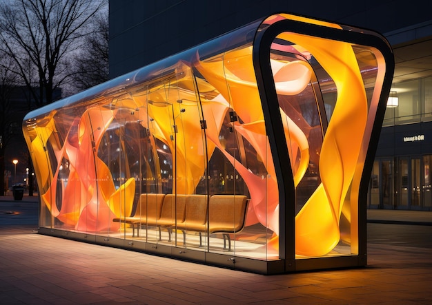 Modern Cosy Colorful Bus Shelter on a Sidewalk extreme closeup Generative AI