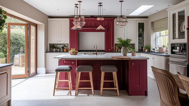 Modern cottage burgundy kitchen with modern fittings and marble countertops