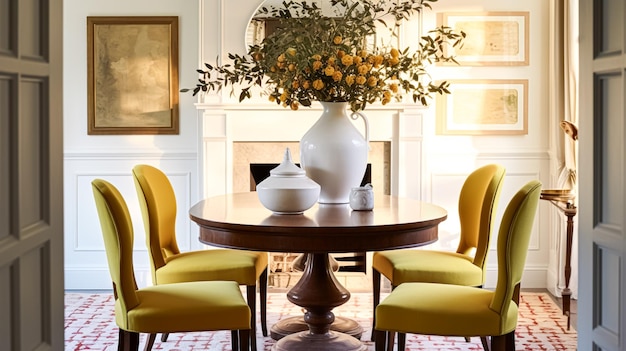 Foto moderna casa cottage sala da pranzo decorazione interior design e casa di campagna mobili decorazione della casa tavolo e sedie gialle interni in stile campagna inglese