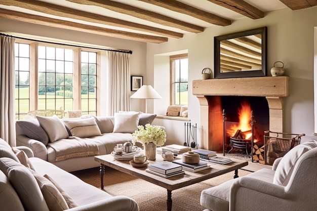 Modern cottage zitkamer decor interieur woonkamer meubels in neutrale kleuren en open haard interieur in elegante Engelse landhuisstijl generatieve ai