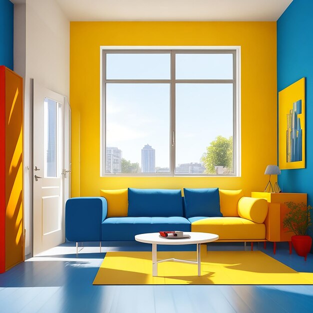 Modern couch and door in a colorful apartment generated by ai