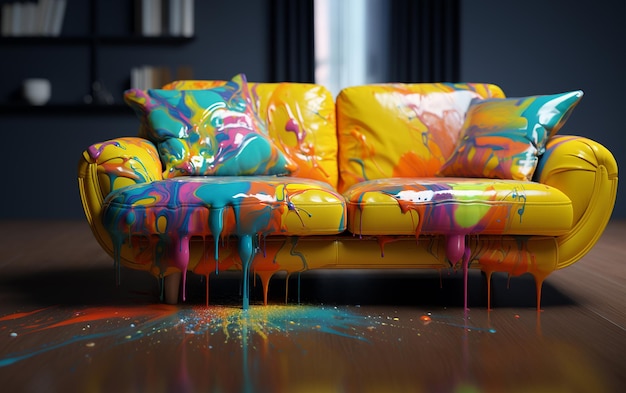 Modern couch with paint splash colorful background