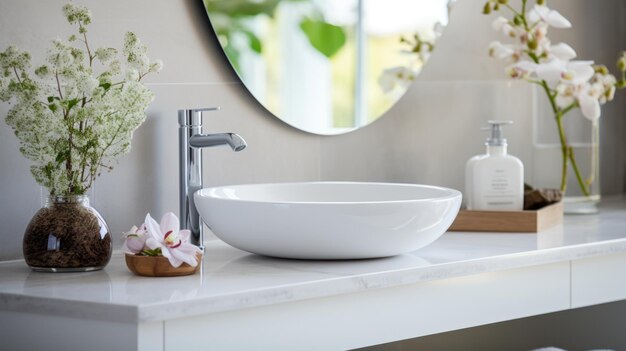 Modern counter in bathroom Lightcolored bathroom interior with bathroom accessories sink