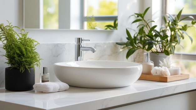 Modern counter in bathroom Lightcolored bathroom interior with bathroom accessories sink