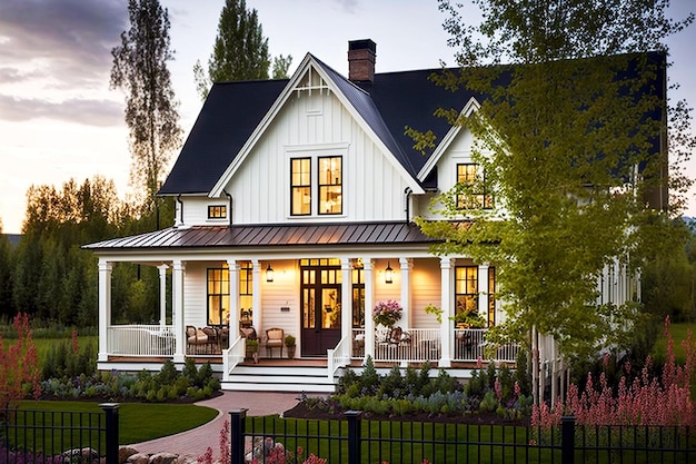 Photo modern country cottage with white decor and wellkept lawn in american style house exterior