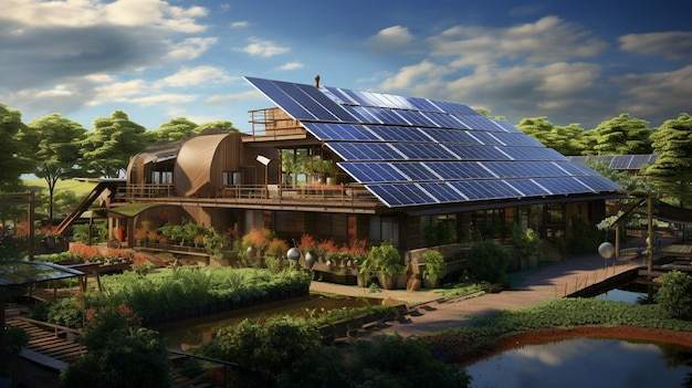 지붕 에 태양 전지 패널 이 있는 현대적 인 시골 농장