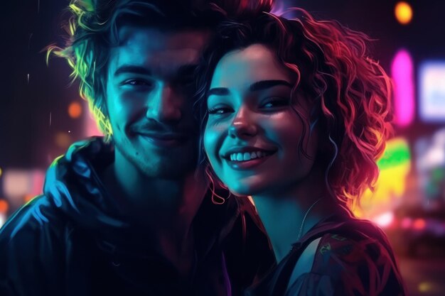 Modern couple in love in neon light