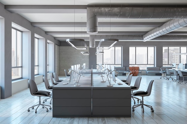Modern coworking kantoorinterieur met houten vloeren meubelraam met uitzicht op de stad en daglicht 3D-rendering