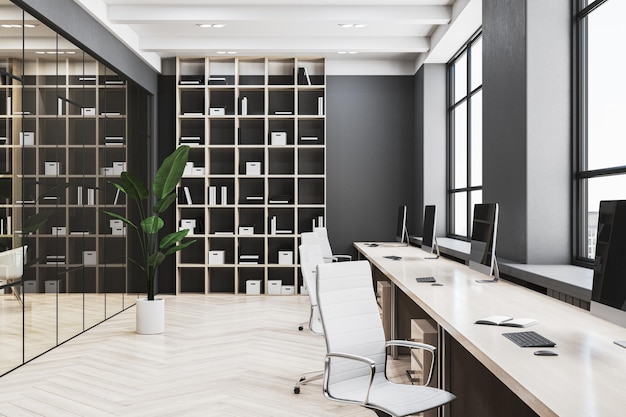 modern coworking office interior with bookshelves and furniture 3d rendering