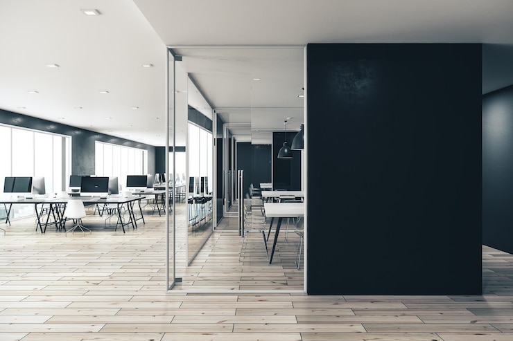 Photo modern coworking office interior with copy space on wal