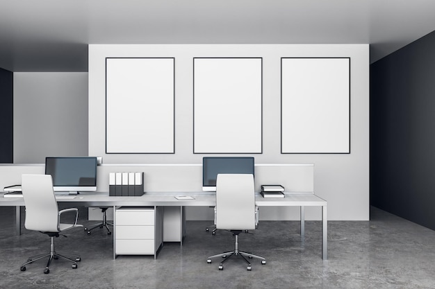 Фото Современный интерьер коворкинга с мебелью и чистым плакатом концепция рабочего места 3d рендеринг