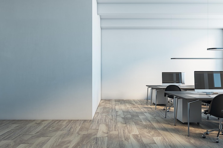 Photo modern coworking office interior with mock up place on wall and wooden flooring 3d rendering