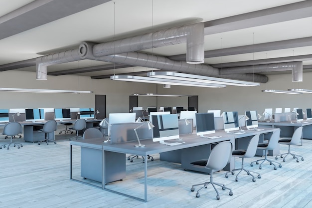 나무 바닥 가구와 일광 3D 렌더링을 갖춘 현대적인 공동 작업 사무실 인테리어
