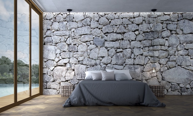 Modern cozy bedroom and stone texture wall background interior design