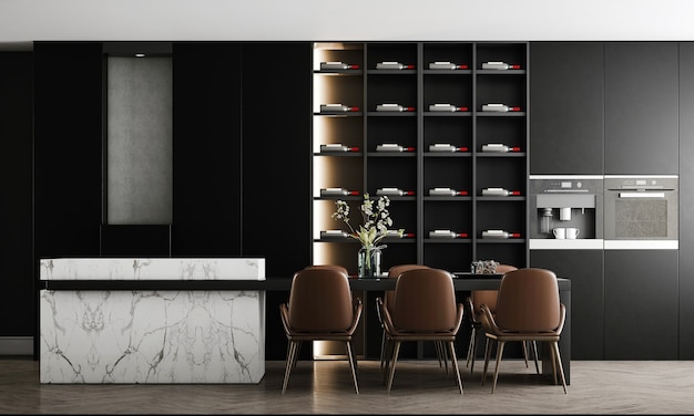 Modern cozy black wall dining room have pantry and decoration,mock up interior,3d rendering