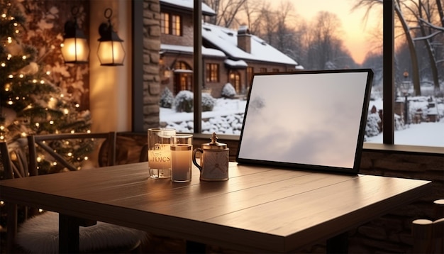 Modern cozy cottage interior with empty poster on wall chairs lamps and window with winter