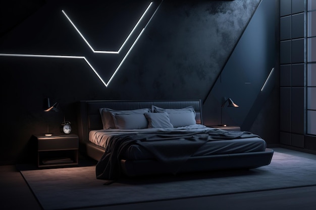 현대적이고 쾌적한 어두운 침실 인테리어