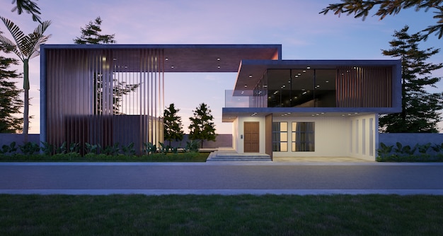 Modern cozy house in luxury style. Evening scene. 3d rendering