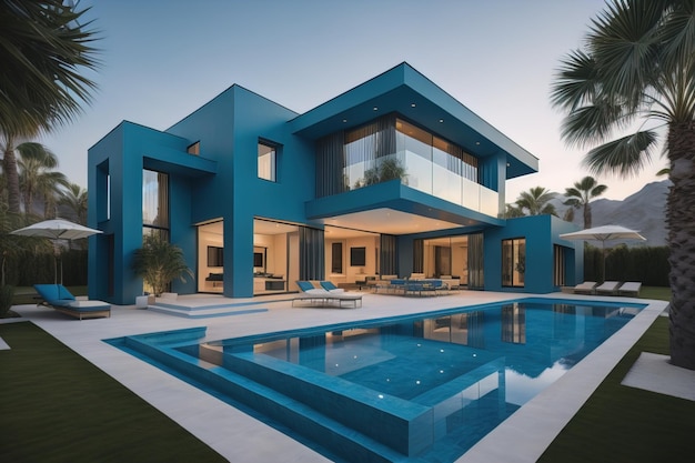 modern cozy house with pool and parking for sale or rent in luxurious style and beautiful landscaping on background generative ai