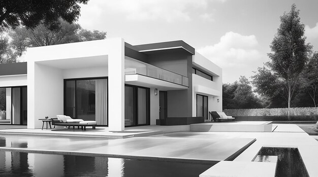 Modern cozy house with pool and parking for sale or rent in luxurious style black and white