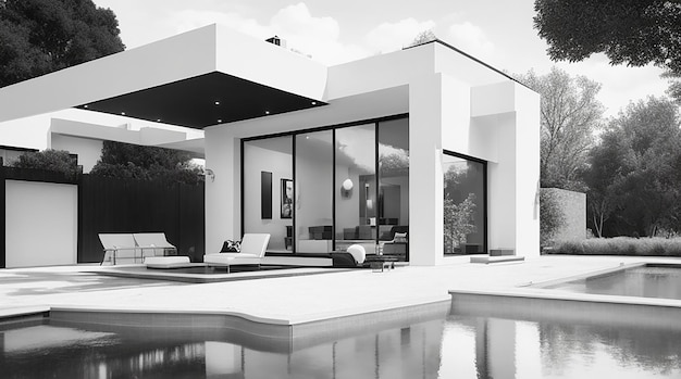 Modern cozy house with pool and parking for sale or rent in luxurious style black and white