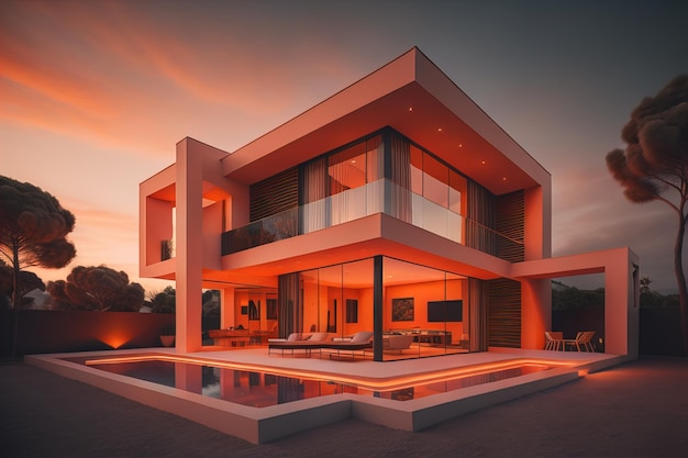 modern cozy house with pool and parking for sale or rent in luxurious style Sunset with colorful sky generative ai