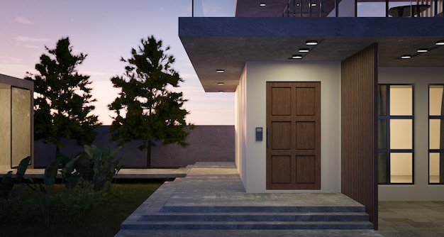 Photo modern cozy house with wooden door, tropica garden and cement stair. evening scene. 3d rendering