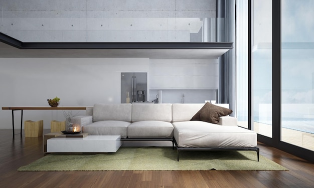 Foto interno accogliente moderno del soggiorno con divano e dispensa e sfondo a parete vuota