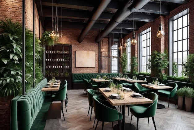 Modern cozy interior of restaurant in loft style with green plants Background of stylish empty cafe