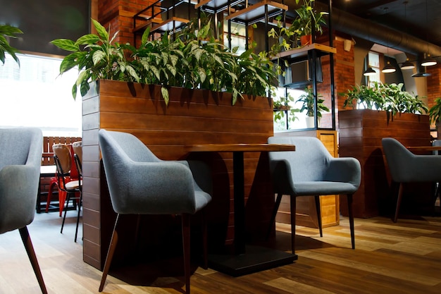 Modern cozy interior of restaurant in loft style with green\
plants