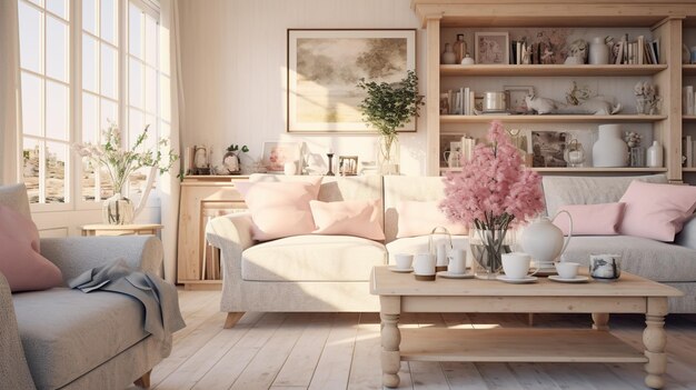 Modern cozy living room Chabby shic style Pastel colors