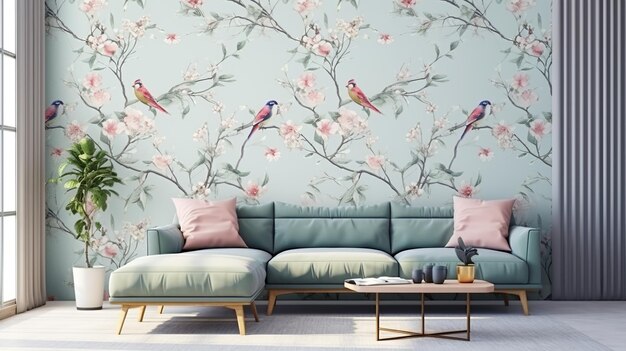 Photo modern cozy living room chabby shic style pattern on the wall with birds and flowers