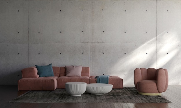 Modern cozy living room and concrete wall texture background interior design 3D rendering