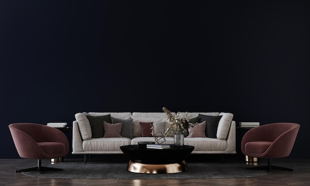 Modern cozy living room and empty black wall texture background interior design modern sofa decor