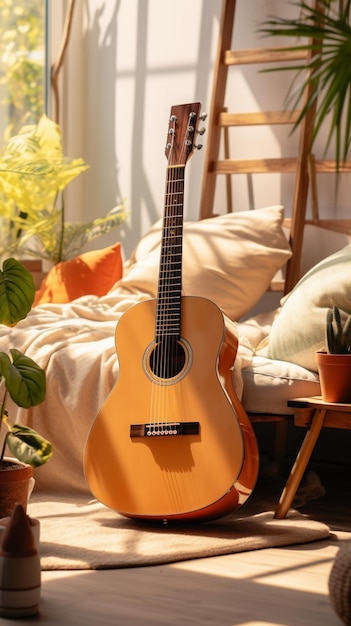 Photo in a modern cozy living room a guitar is a stylish centerpiece vertical mobile wallpaper