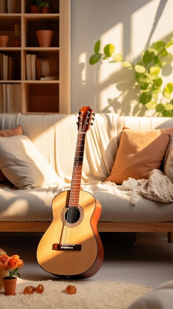 In a modern cozy living room a guitar is a stylish centerpiece Vertical Mobile Wallpaper