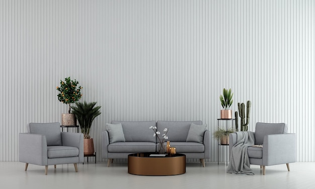 Modern cozy living room interior design and white pattern wall background