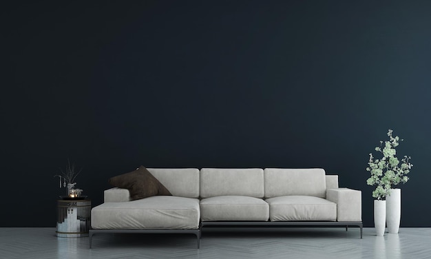 Soggiorno moderno e accogliente e divano bianco e design degli interni del fondo di struttura della parete blu