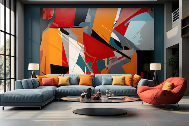 壁に大きな抽象的な絵画が付いている家具と近代的で快適なリビングルーム