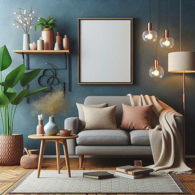 Modern cozy mock up decor interior design living room blue wall texture background