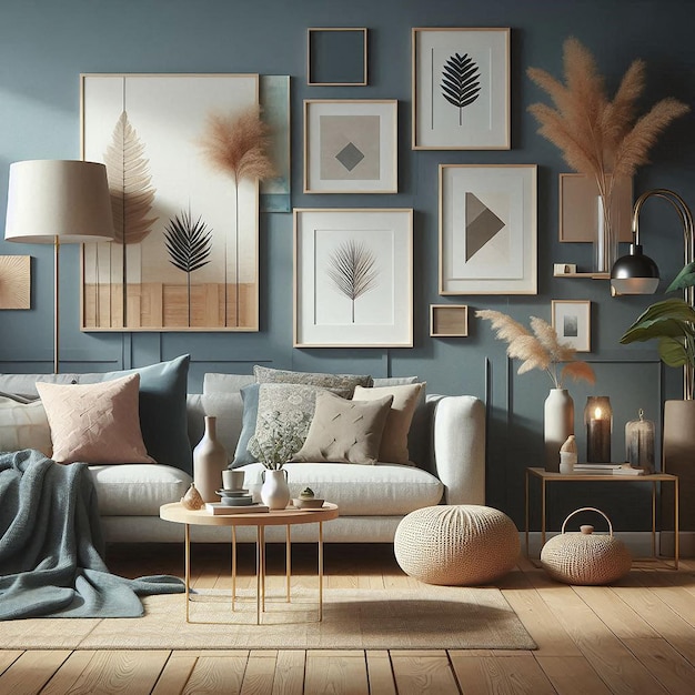 Modern cozy mock up decor interior design living room blue wall texture background