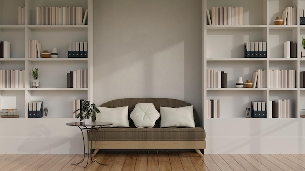 Modern cozy Scandinavian reading room or living room with builtin bookshelves and sofa