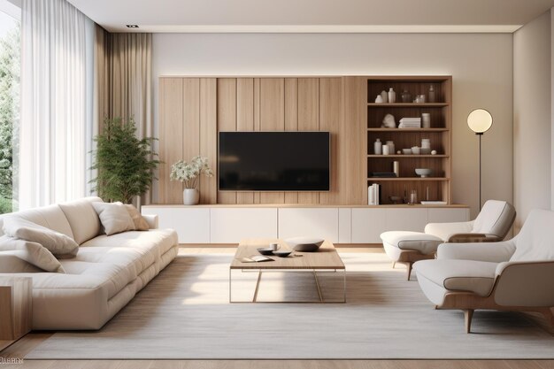 modern creamy living room with TV