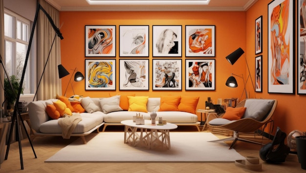 Modern creatief woonkamerinterieur met bank en kunst versierde muur