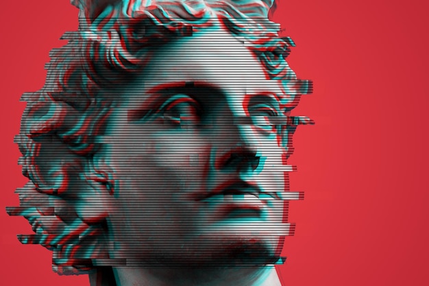 골동품 동상이 있는 빨간색 배경 디지털 텍스처가 있는 현대적인 창의적인 컬러 그래픽 조각