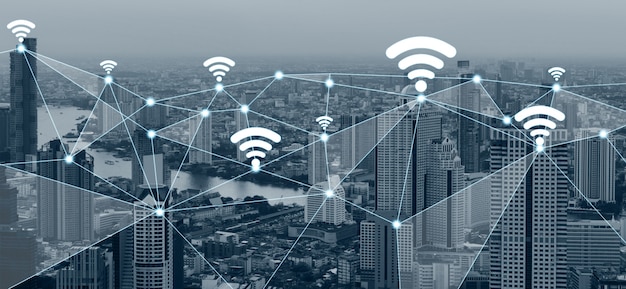 사진 스마트 시티의 현대 창조적 커뮤니케이션 및 인터넷 네트워크 연결