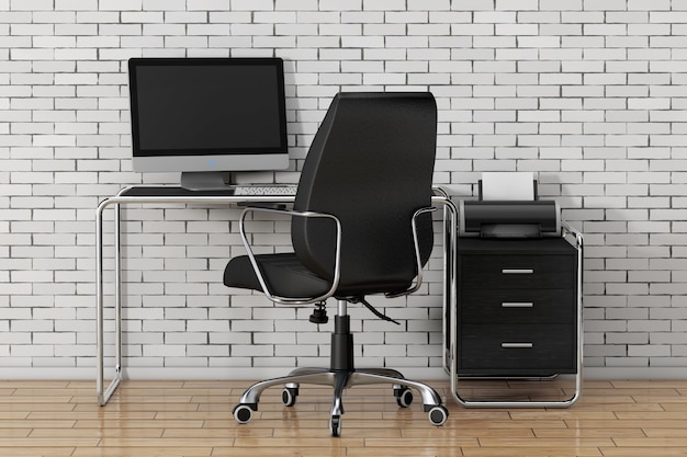 Spazio di lavoro creativo moderno. il computer è sul tavolo dell'ufficio con la sedia in pelle nera davanti al muro di mattoni. rendering 3d.