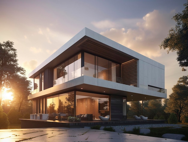 Modern cubic villa in the morning