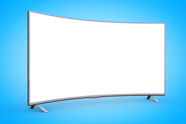 파란색 배경에 현대적인 곡선형 Led 또는 LCD TV 화면. 3d 렌더링