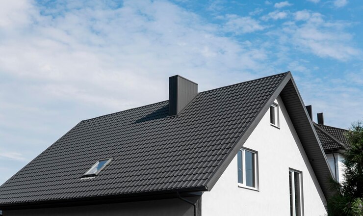 Foto modern dak bedekt met dakpannen van bruin metaal met pvc-coating